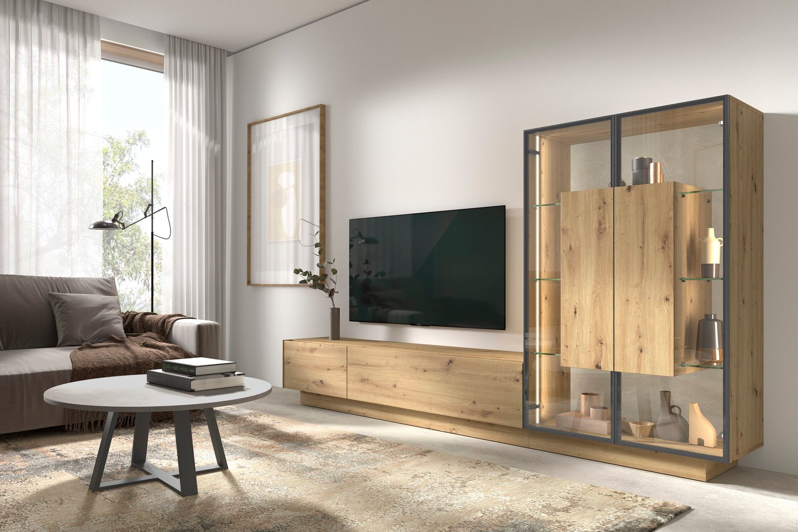 Mueble de salon moderno con zocalo y vitrana de cristal