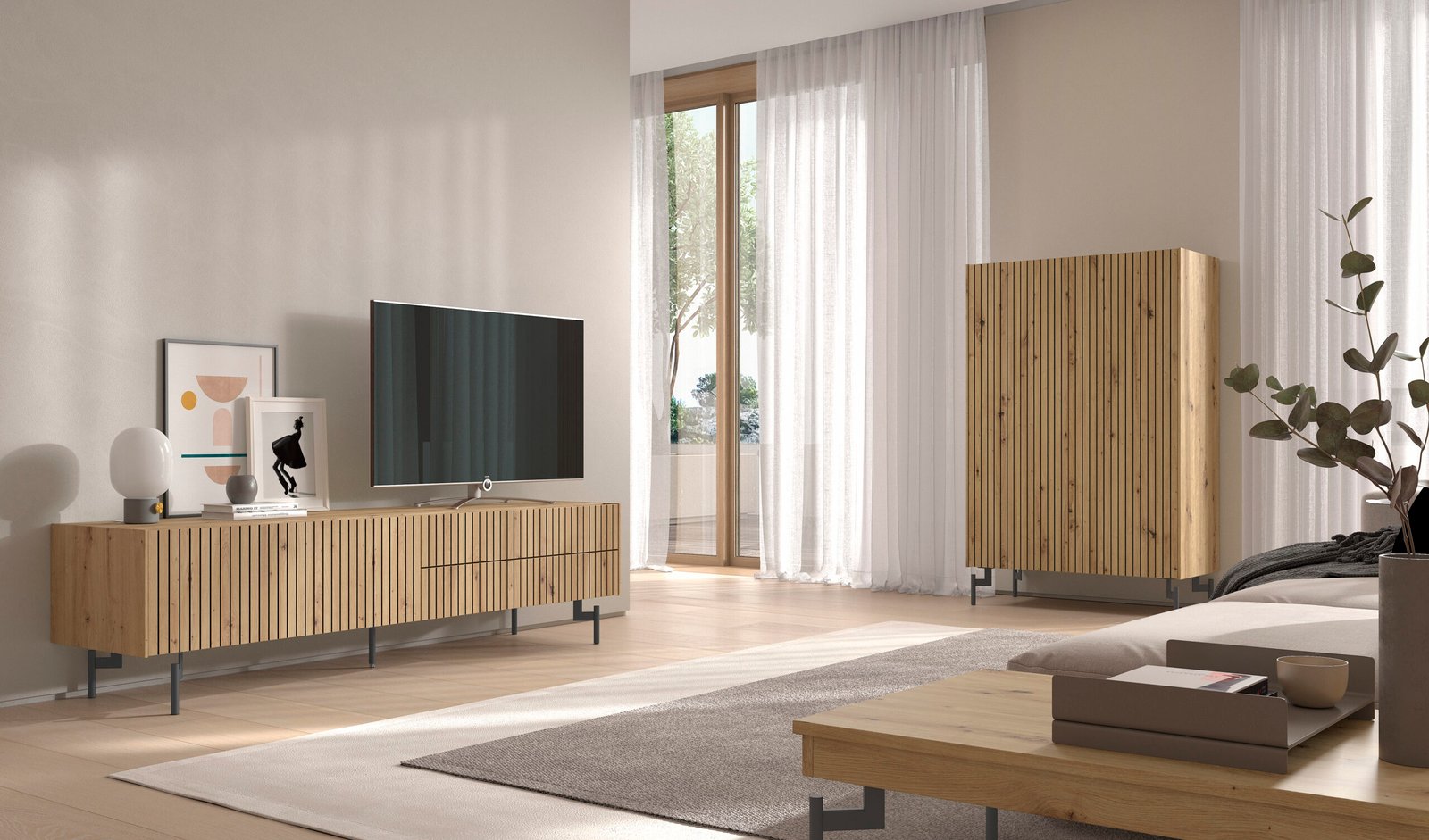 Salón modernos, muebles en frente acabado en palilleria y pata estructura metálica